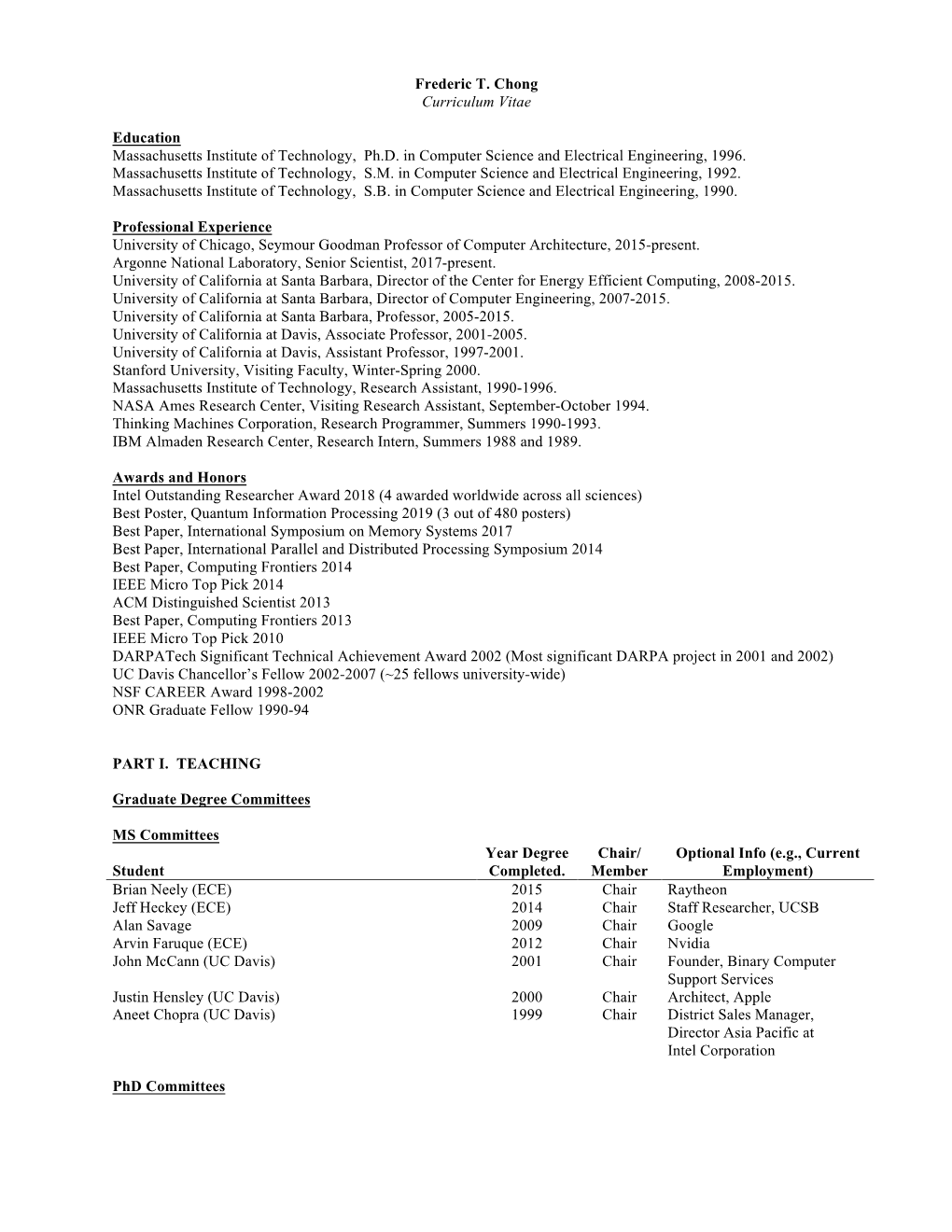 Frederic T. Chong Curriculum Vitae Education Massachusetts Institute