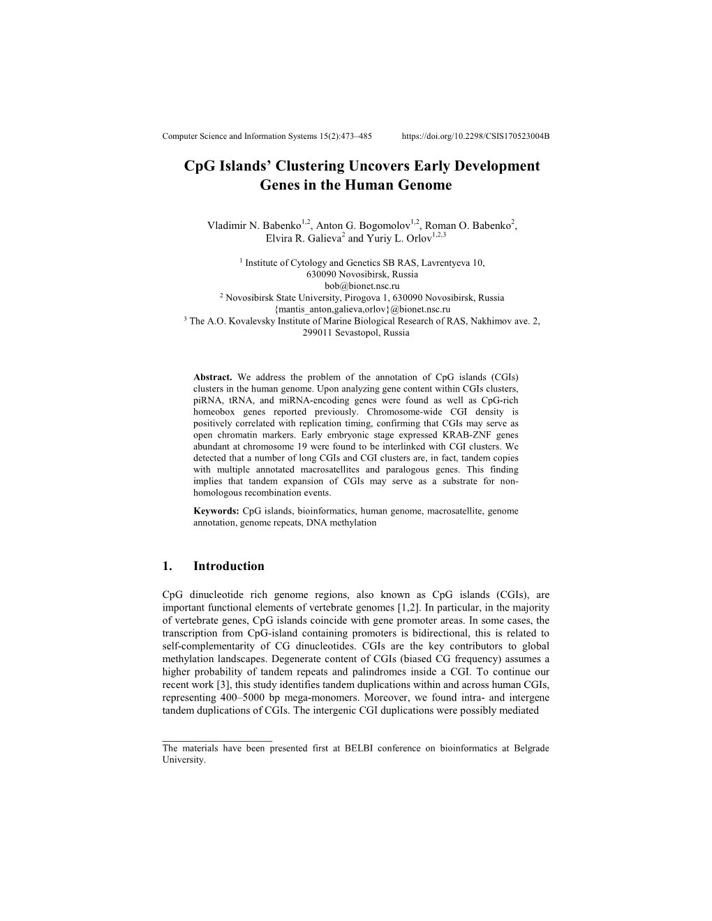 Cpg Islands' Clustering Uncovers Early Development Genes in The