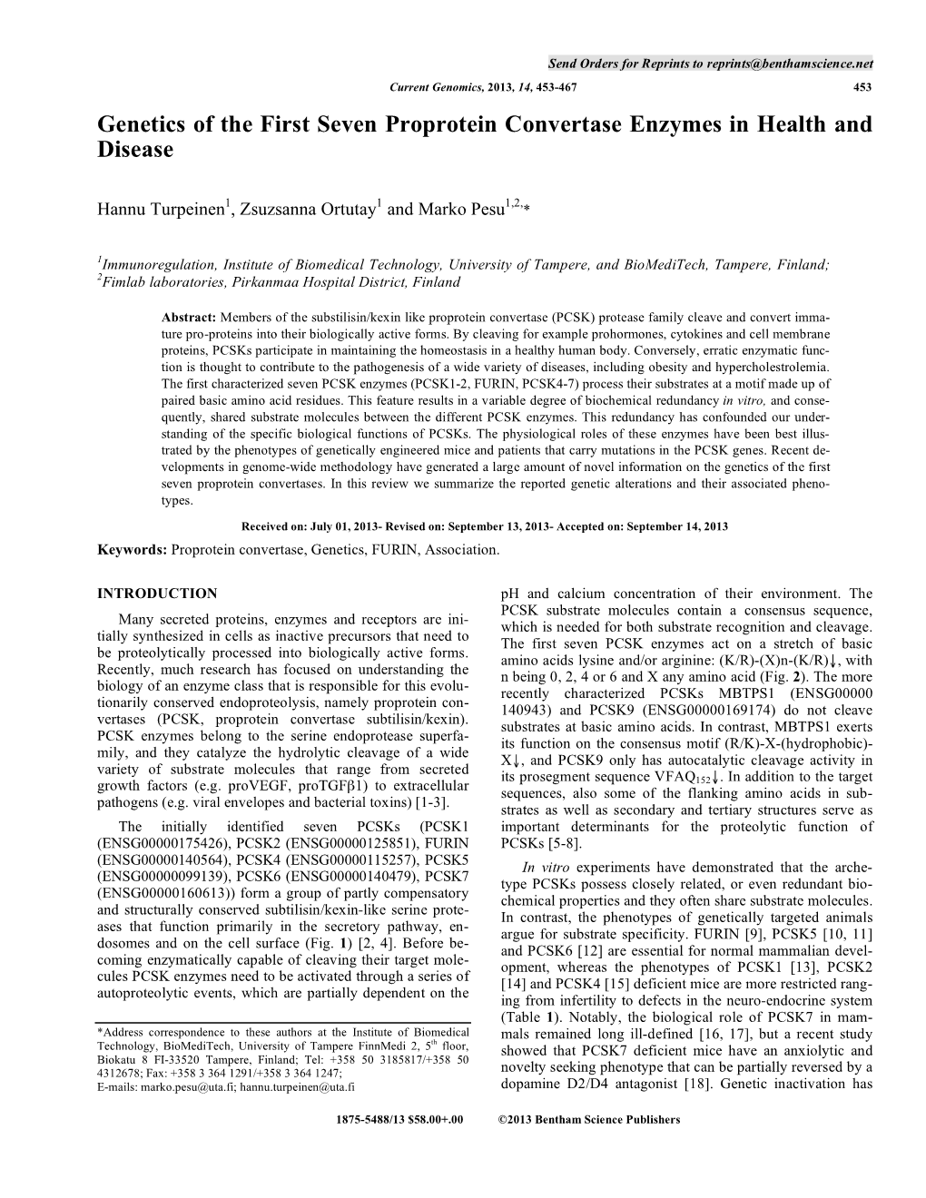 Genetics of the First Seven Proprotein Convertase Enzymes in Health and Disease