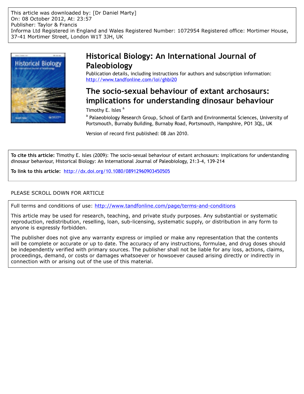 Implications for Understanding Dinosaur Behaviour Timothy E