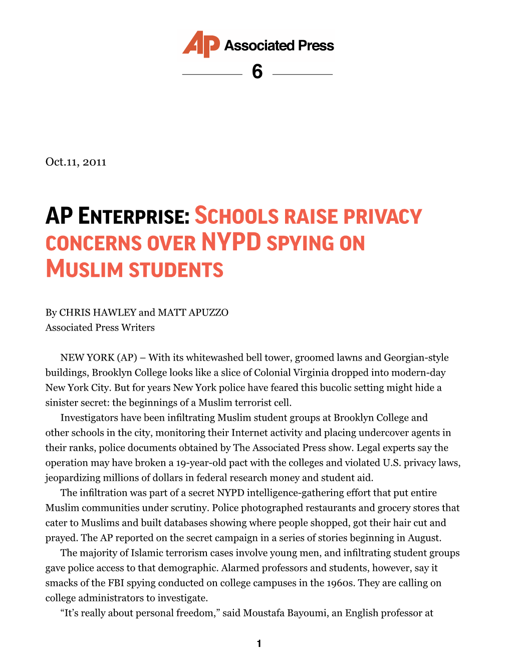 AP Enterprise: Schools Raise Privacy Concerns Over NYPD Spying on Muslim Students