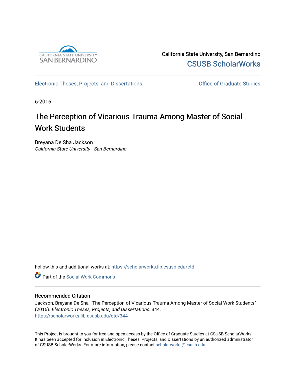 The Perception of Vicarious Trauma Among Master of Social Work Students