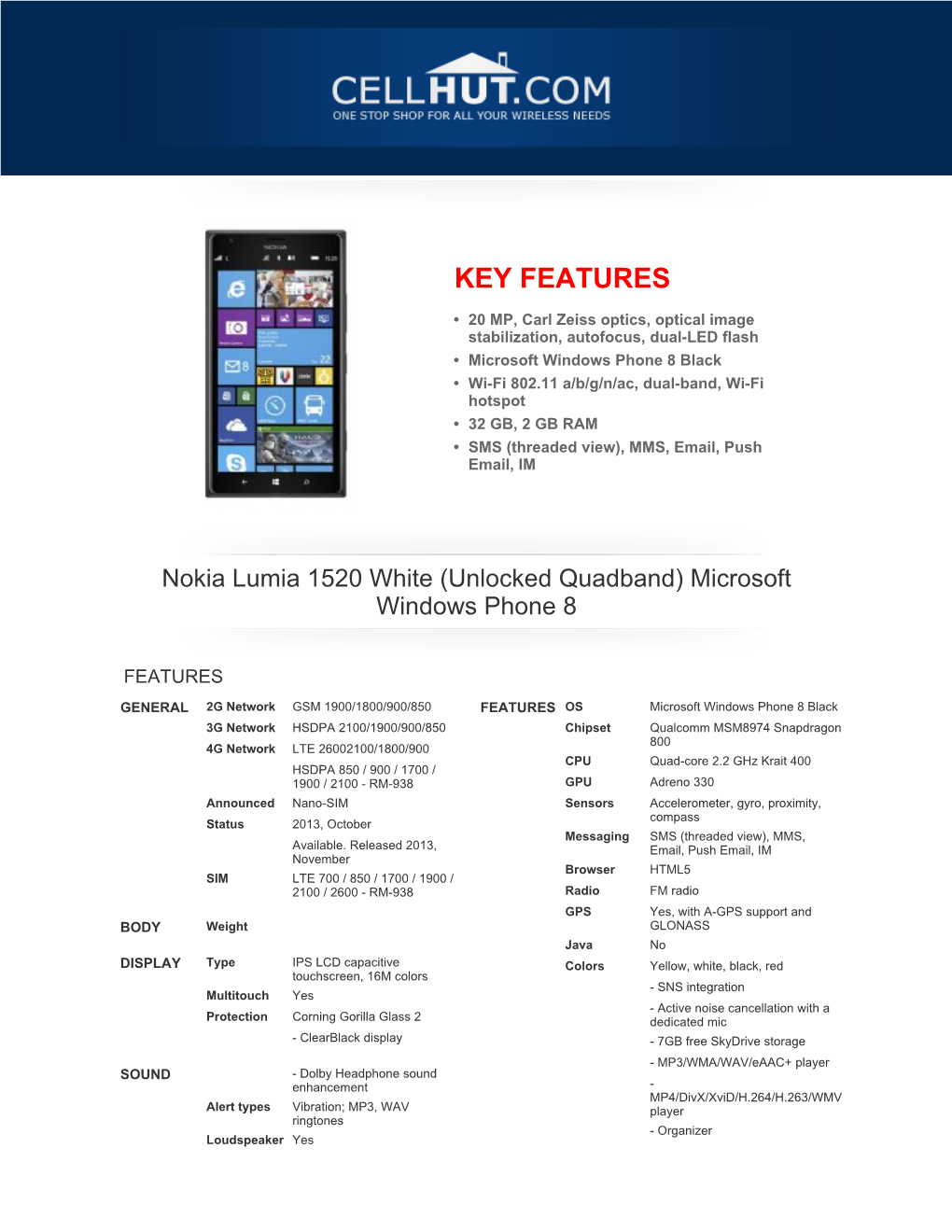 Nokia Lumia 1520 White (Unlocked Quadband) Microsoft Windows Phone 8