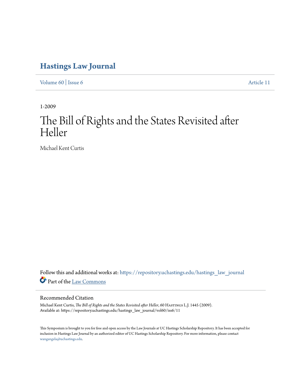 The Bill of Rights and the States Revisited After Heller, 60 Hastings L.J