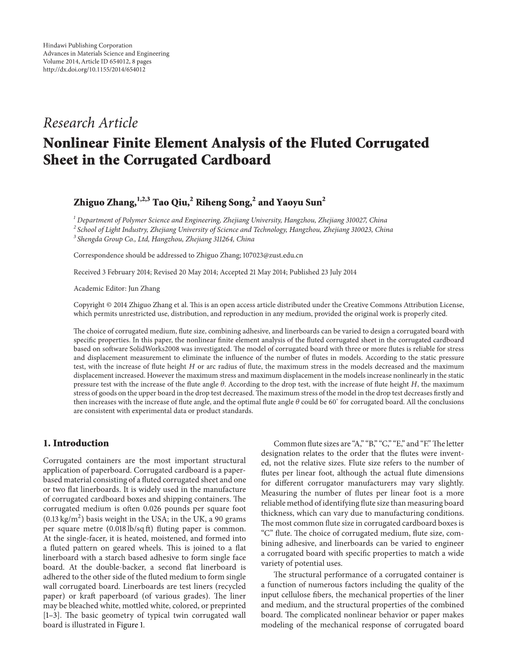 Nonlinear Finite Element Analysis of the Fluted Corrugated Sheet in the Corrugated Cardboard