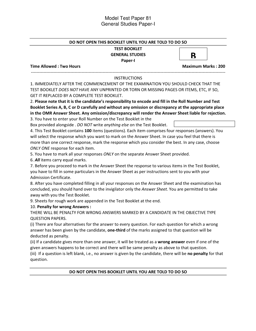 Model Test Paper 81 General Studies Paper-I