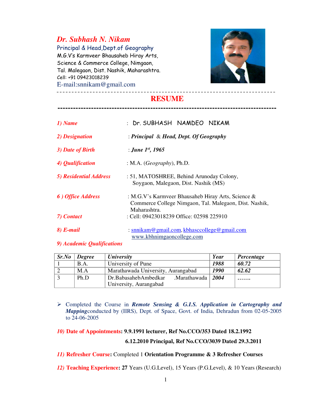 Dr. Subhash N. Nikam Principal & Head,Dept.Of Geography M.G.V’S Karmveer Bhausaheb Hiray Arts, Science & Commerce College, Nimgaon, Tal