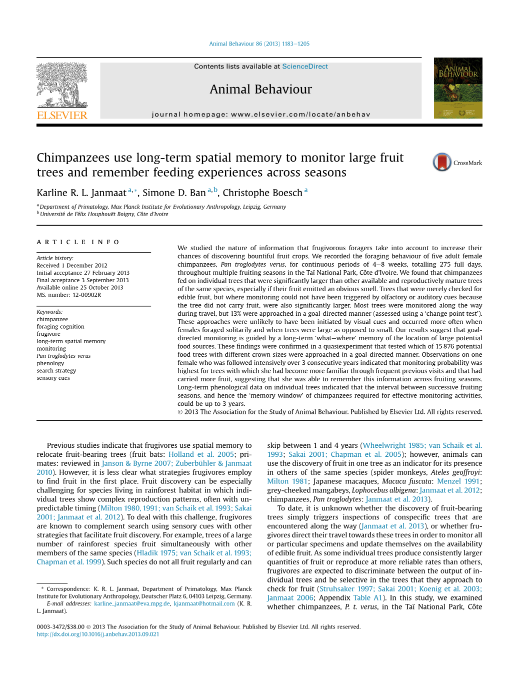 Chimpanzees Use Long-Term Spatial Memory to Monitor Large Fruit Trees and Remember Feeding Experiences Across Seasons