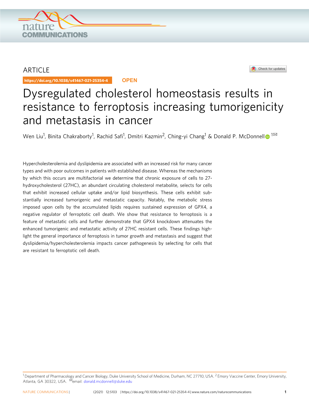 Dysregulated Cholesterol Homeostasis Results in Resistance to Ferroptosis