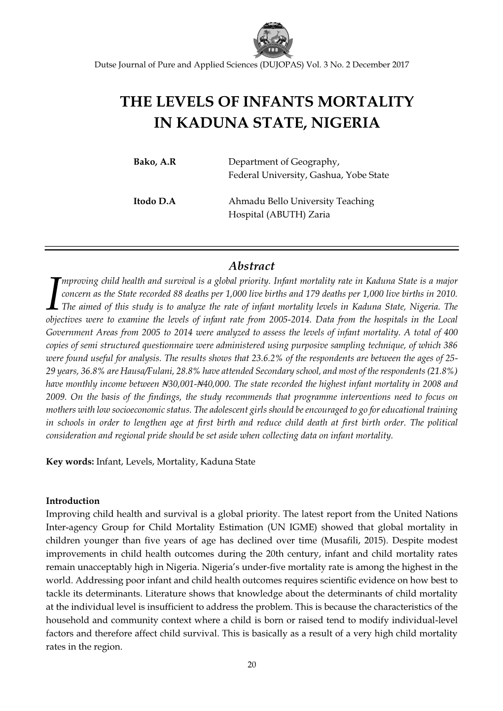 The Levels of Infants Mortality in Kaduna State, Nigeria