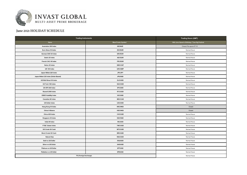 June 2021 HOLIDAY SCHEDULE