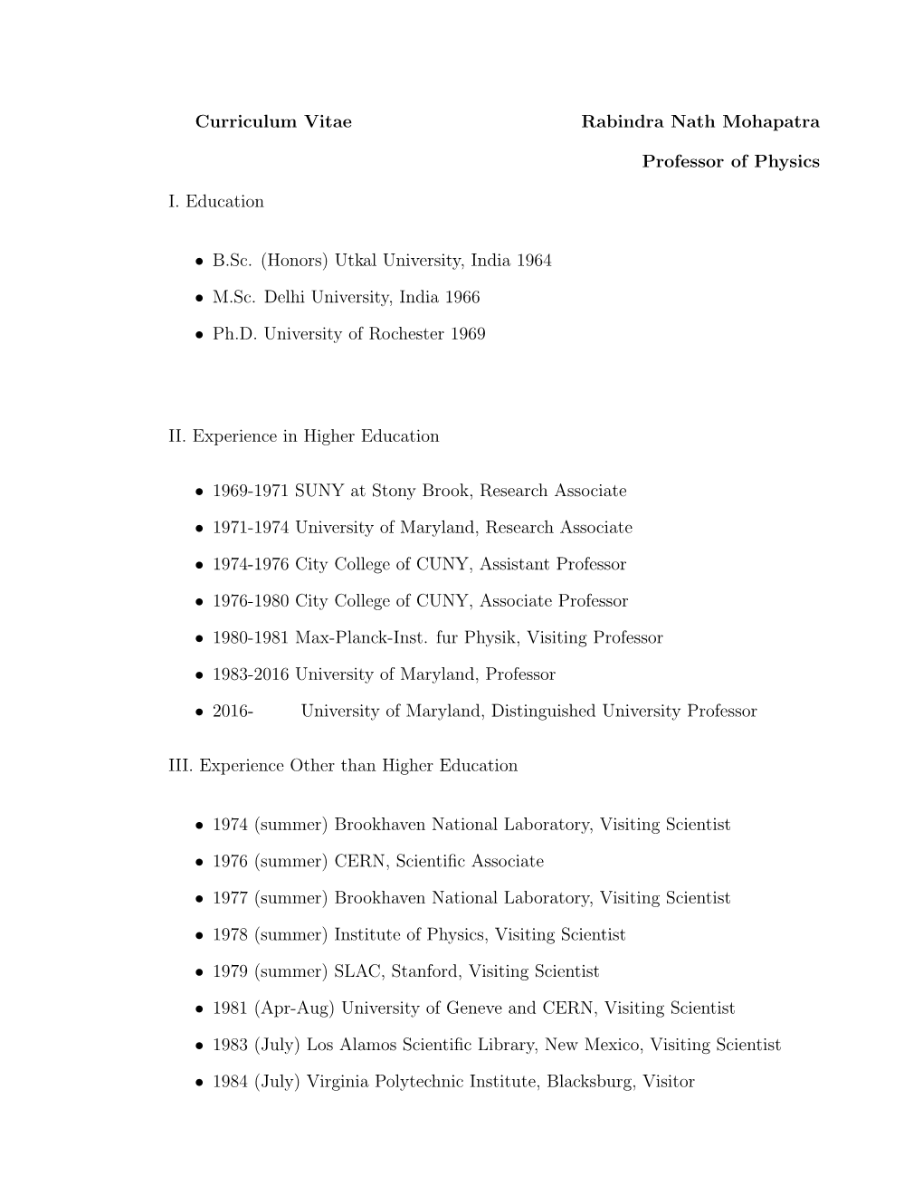 Curriculum Vitae Rabindra Nath Mohapatra