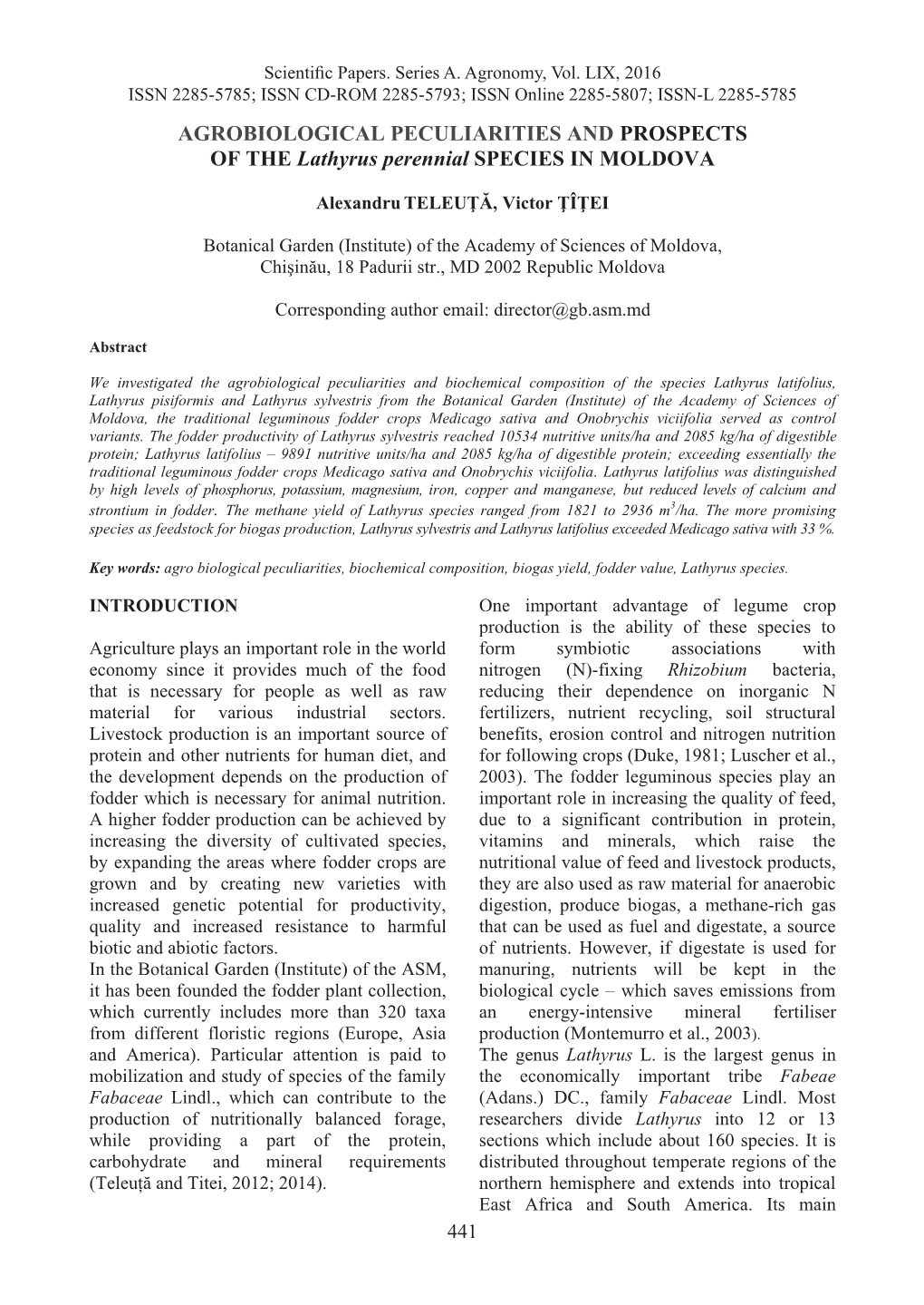 AGROBIOLOGICAL PECULIARITIES and PROSPECTS of the Lathyrus Perennial SPECIES in MOLDOVA