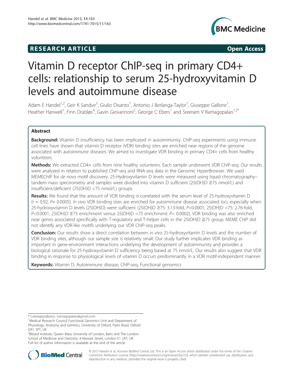 Vitamin D Receptor Chip-Seq in Primary CD4+ Cells: Relationship to Serum 25-Hydroxyvitamin D Levels and Autoimmune Disease