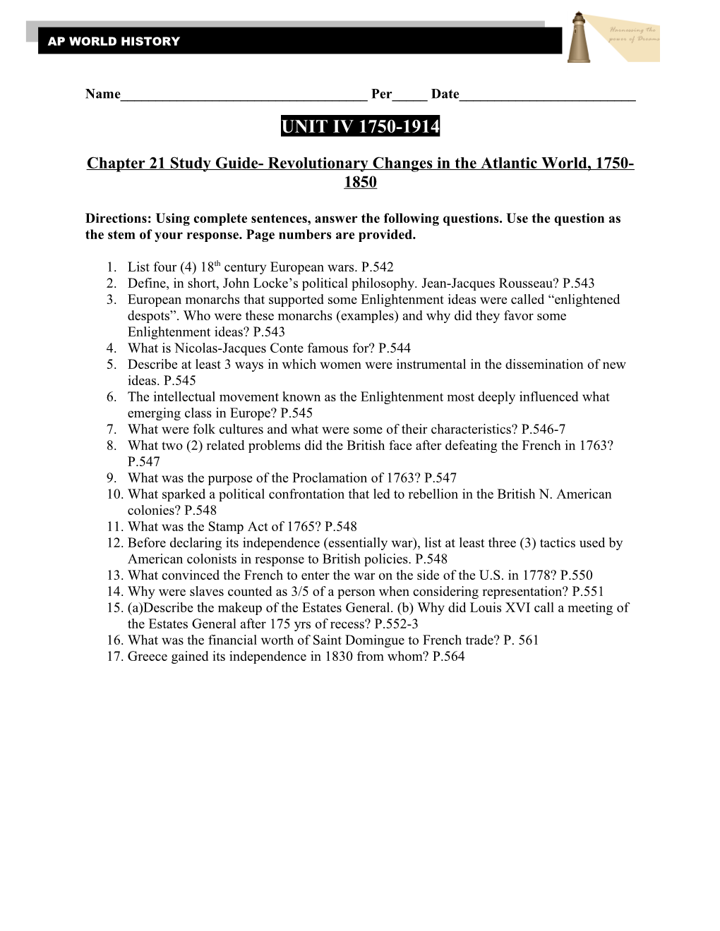 Chapter 21 Study Guide- Revolutionary Changes in the Atlantic World, 1750-1850