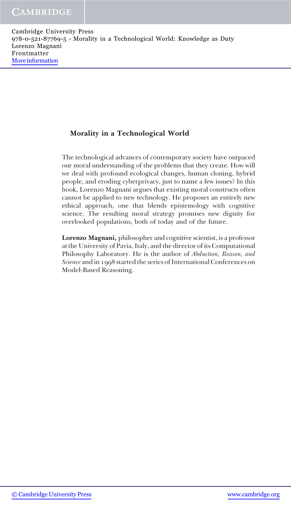 Morality in a Technological World: Knowledge As Duty Lorenzo Magnani Frontmatter More Information
