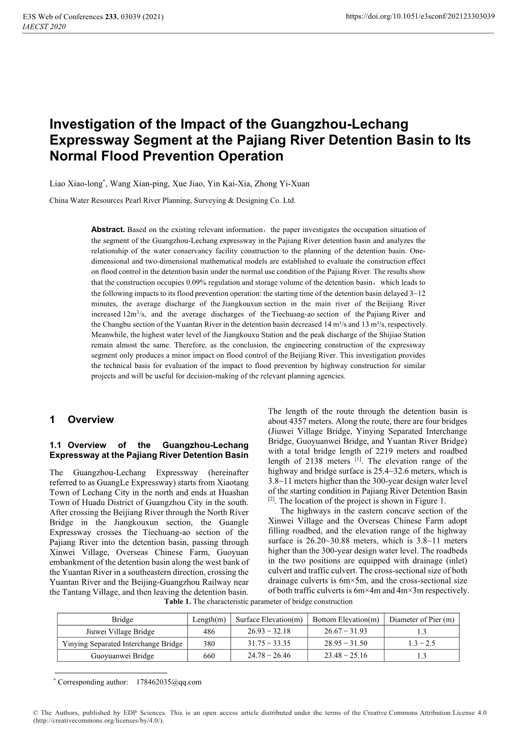 Investigation of the Impact of the Guangzhou-Lechang Expressway Segment at the Pajiang River Detention Basin to Its Normal Flood Prevention Operation