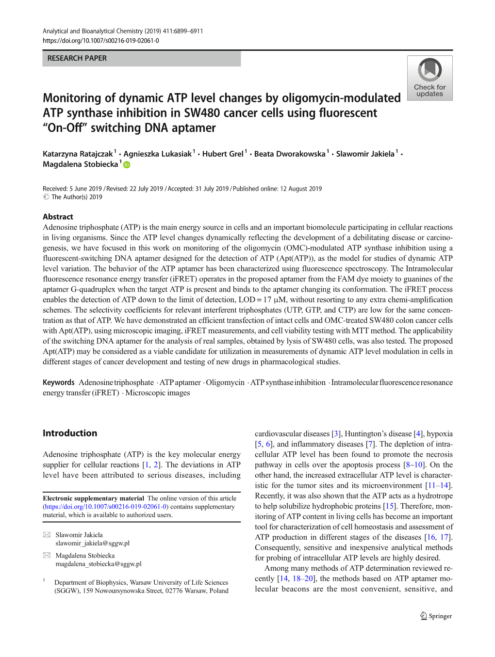 Monitoring of Dynamic ATP Level Changes by Oligomycin-Modulated ATP Synthase Inhibition in SW480 Cancer Cells Using Fluorescent “On-Off” Switching DNA Aptamer