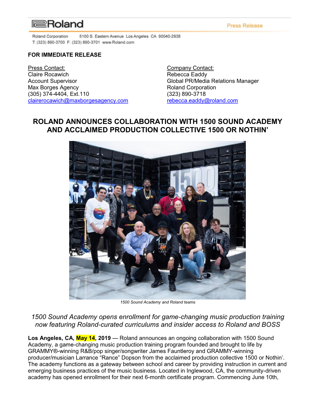 Roland Announces Collaboration with 1500 Sound Academy and Acclaimed Production Collective 1500 Or Nothin’