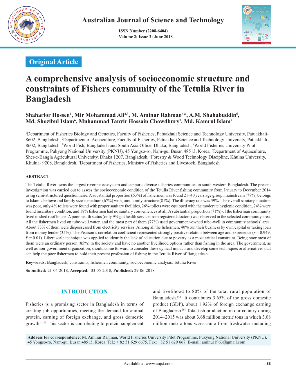 A Comprehensive Analysis of Socioeconomic Structure and Constraints of Fishers Community of the Tetulia River in Bangladesh