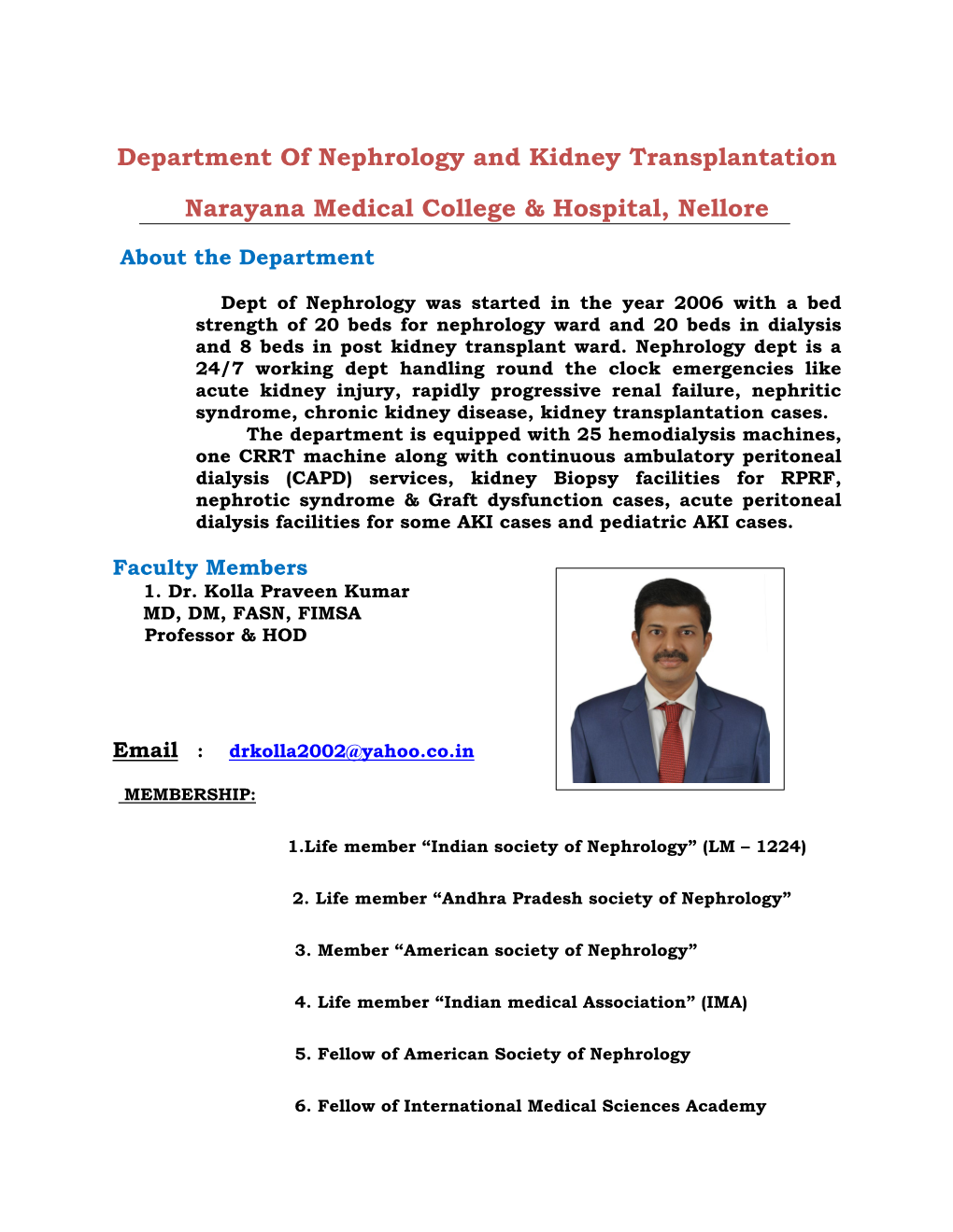 Department of Nephrology and Kidney Transplantation Narayana