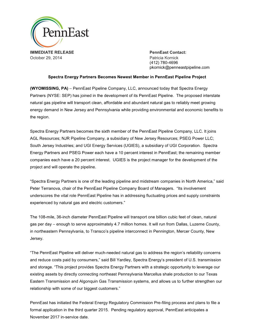 Penneast Pipeline Company Welcomes Spectra Energy