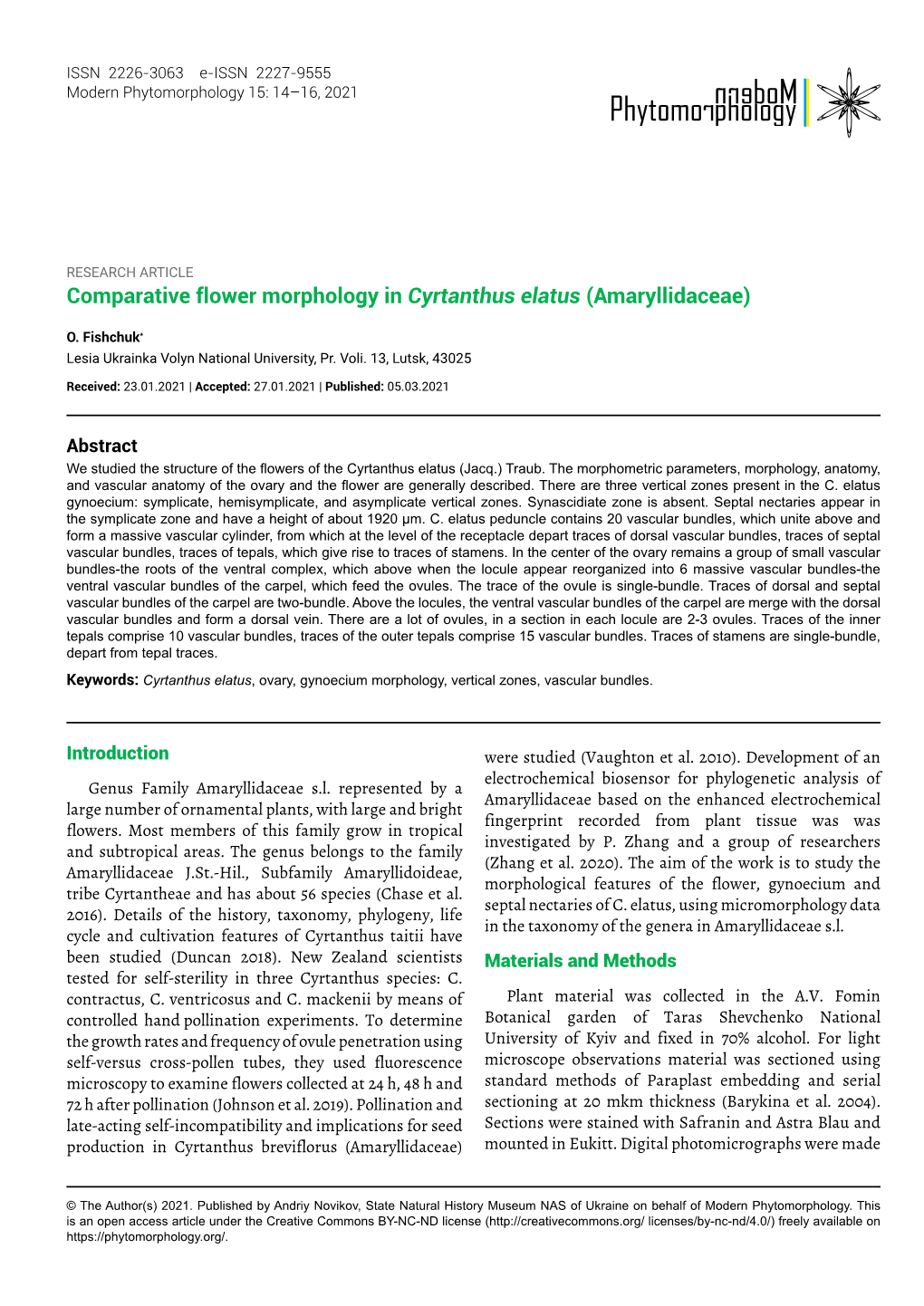 Comparative Flower Morphology in Cyrtanthus Elatus (Amaryllidaceae)