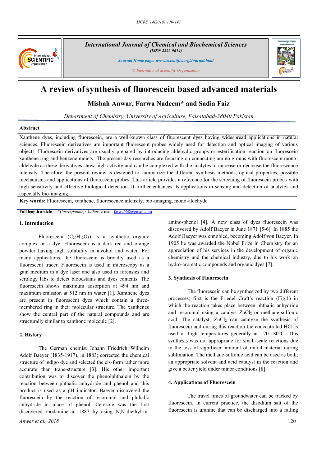 A Review Ofsynthesis of Fluorescein Based Advanced Materials