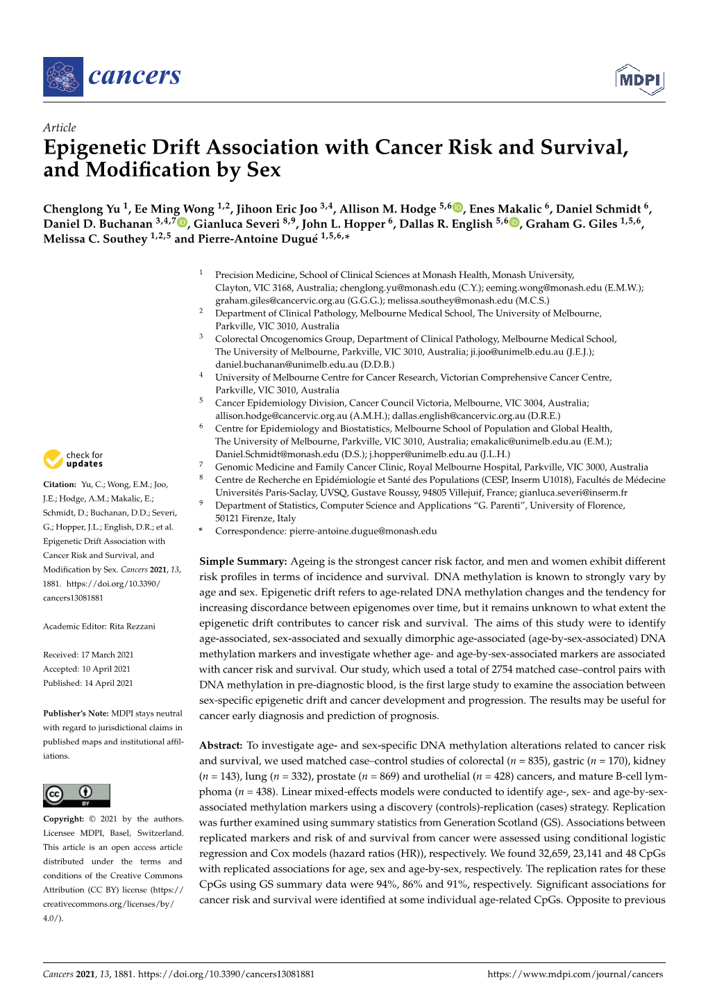 Epigenetic Drift Association with Cancer Risk and Survival, and Modiﬁcation by Sex