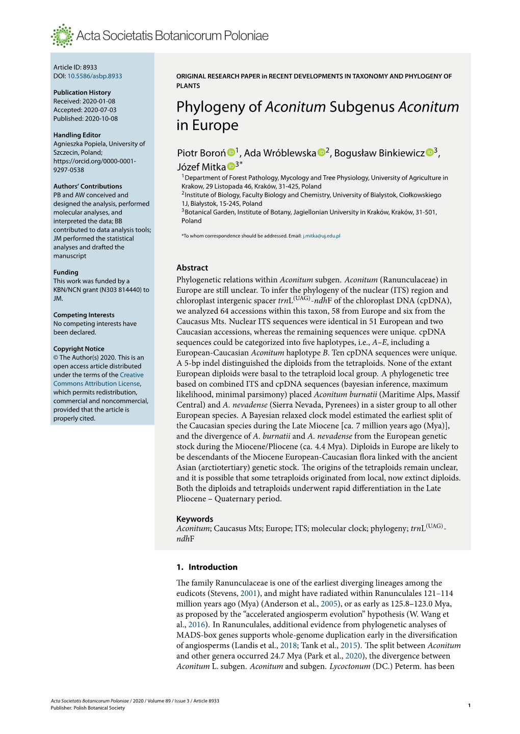 Phylogeny of Aconitum Subgenus Aconitum in Europe