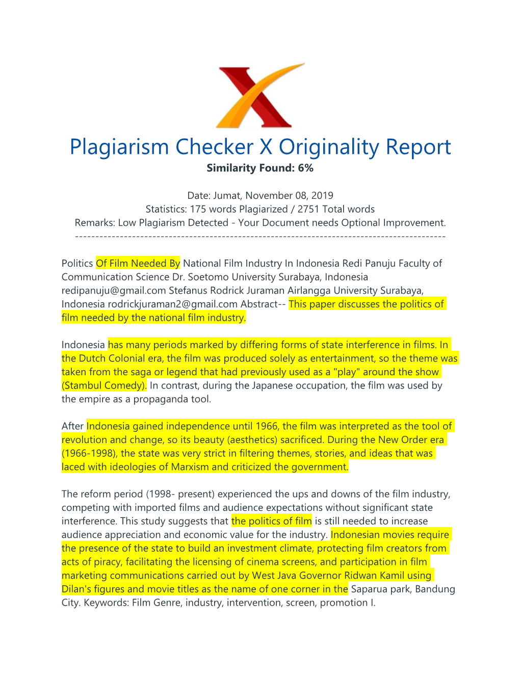 Plagiarism Checker X Originality Report Similarity Found: 6%