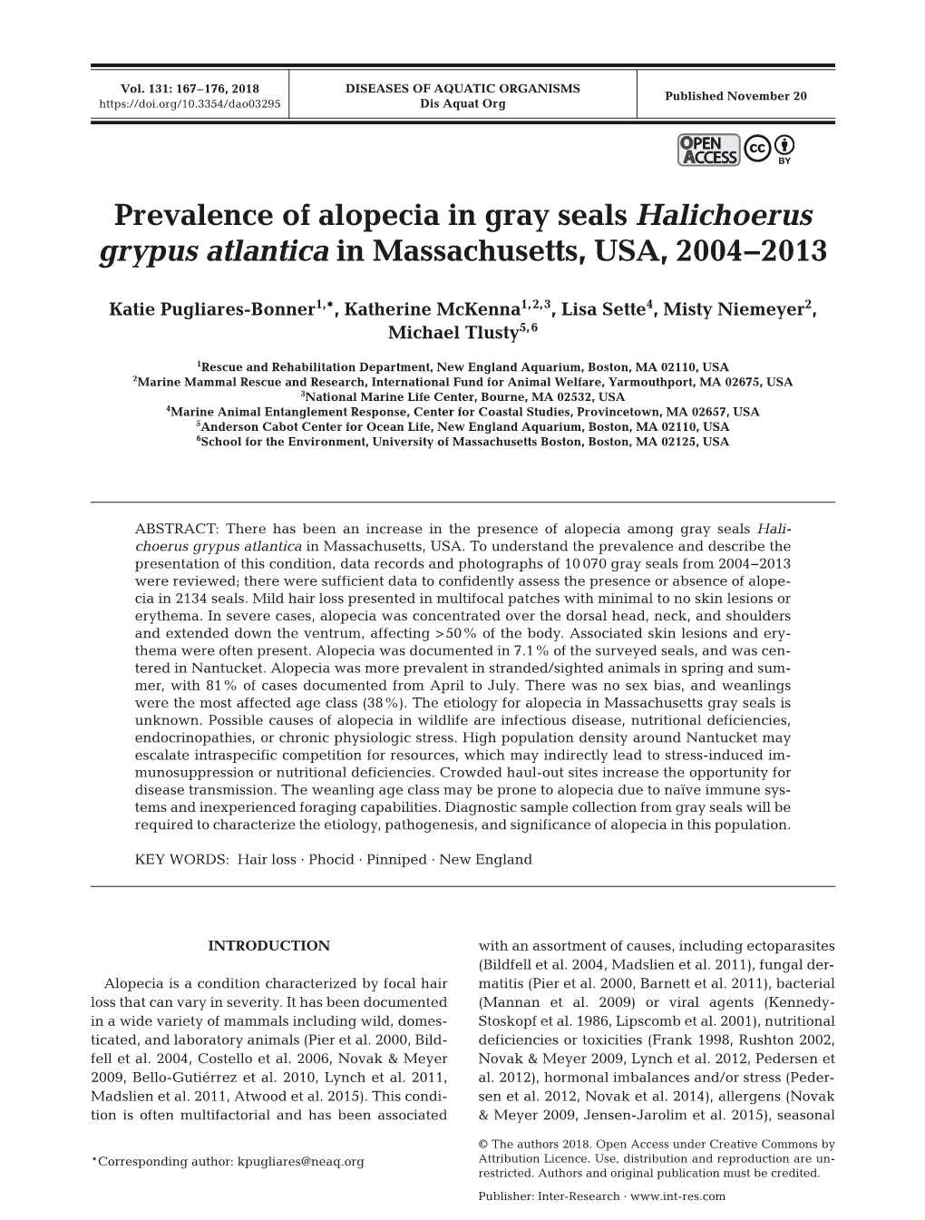 Prevalence of Alopecia in Gray Seals Halichoerus Grypus Atlantica in Massachusetts, USA, 2004−2013