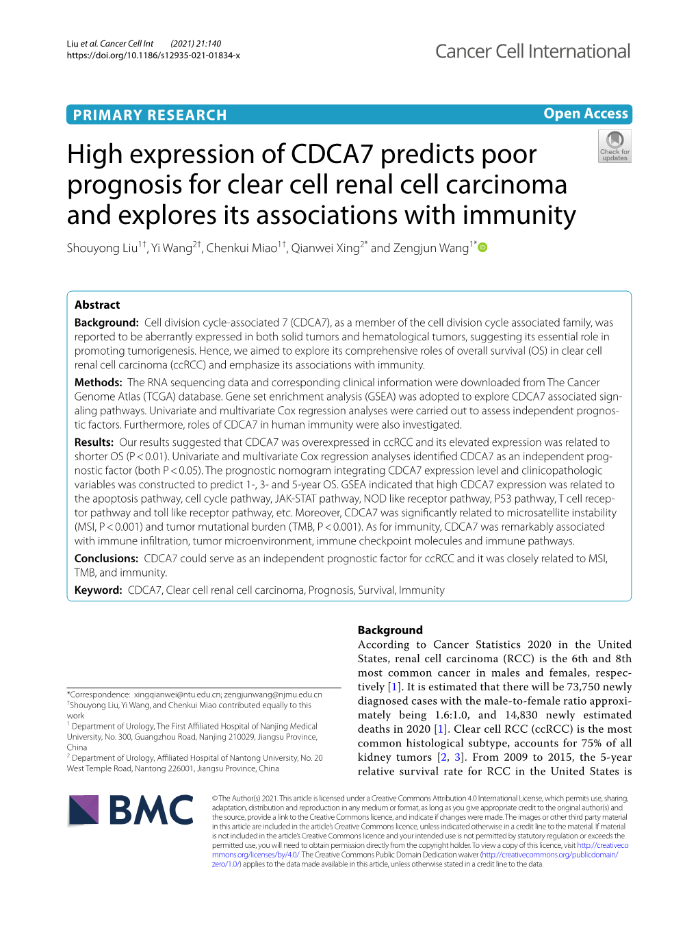 High Expression of CDCA7 Predicts Poor Prognosis for Clear Cell Renal Cell Carcinoma and Explores Its Associations with Immunity