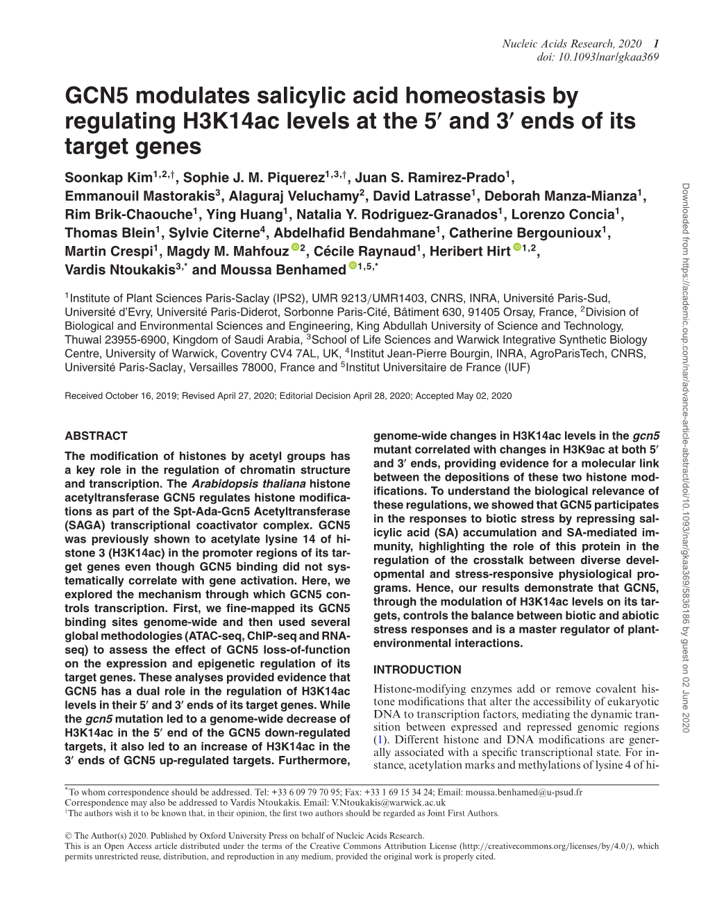 GCN5 Modulates Salicylic Acid Homeostasis by Regulating H3k14ac Levels at the 5 and 3 Ends of Its Target Genes