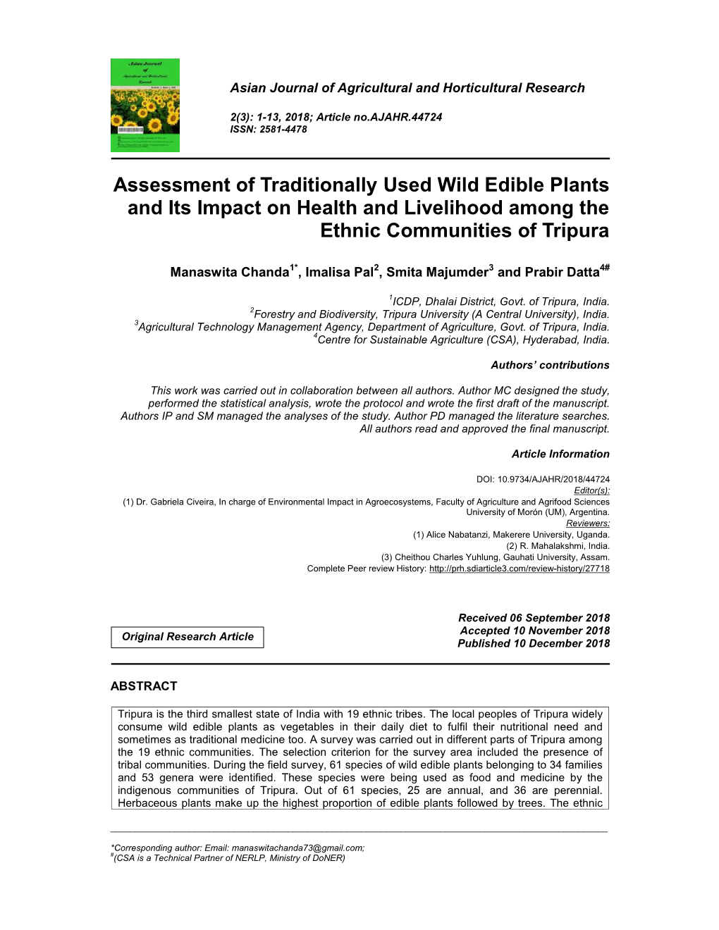 Assessment of Traditionally Used Wild Edible Plants and Its Impact on Health and Livelihood Among the Ethnic Communities of Tripura