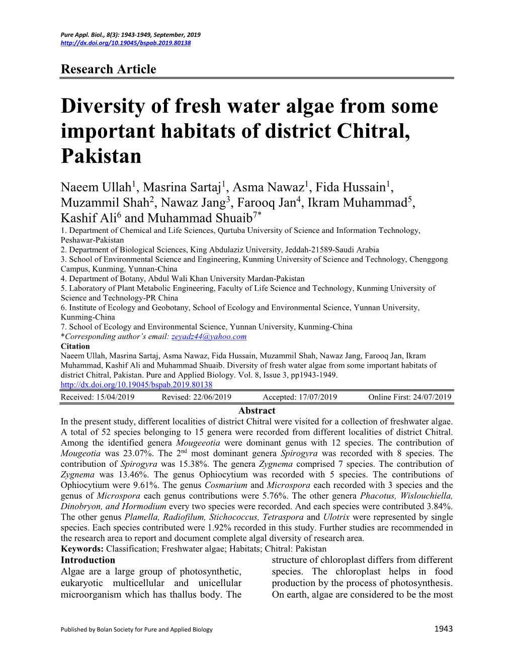 Diversity of Fresh Water Algae from Some Important Habitats of District Chitral, Pakistan