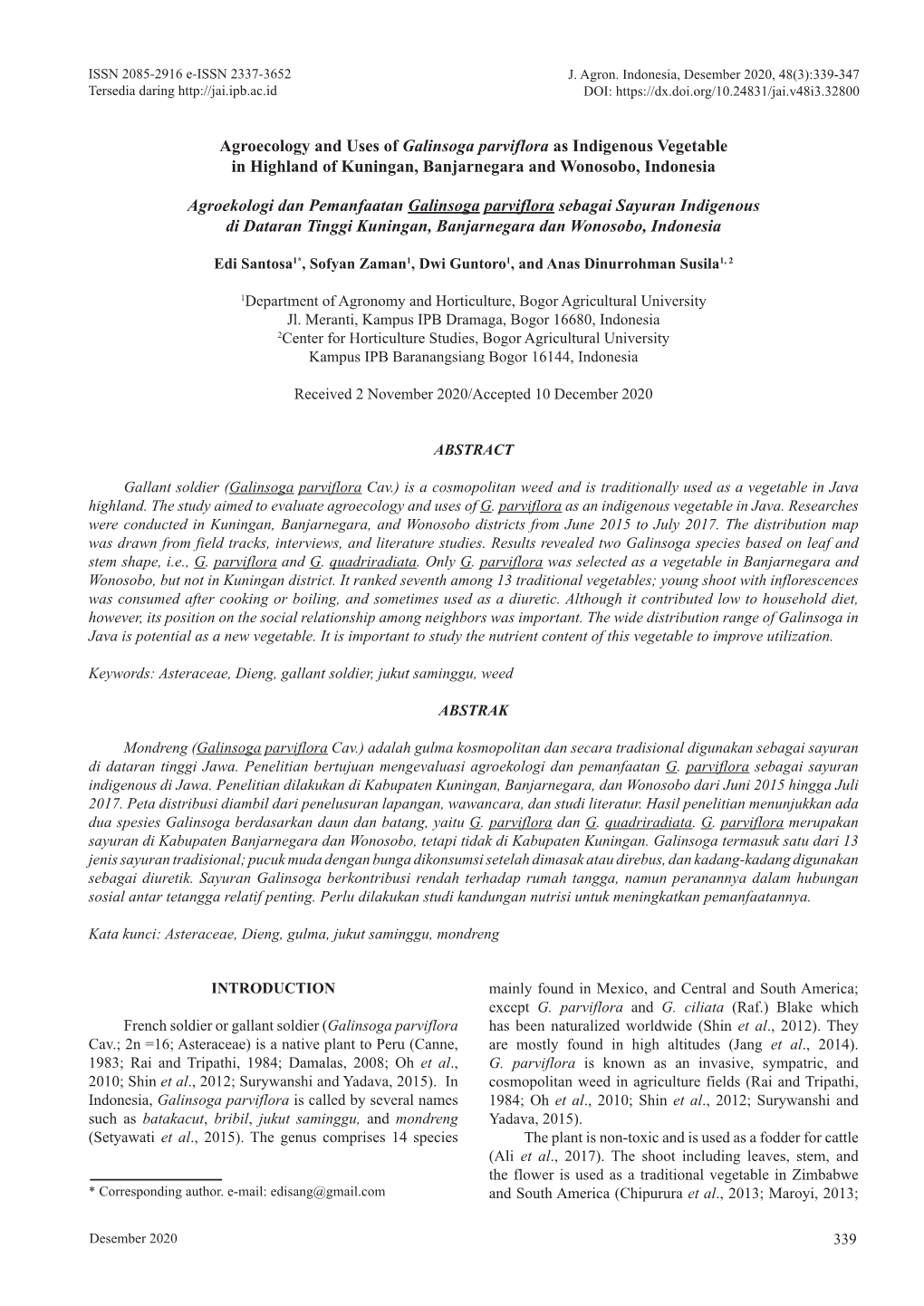 Agroecology and Uses of Galinsoga Parviflora As Indigenous Vegetable in Highland of Kuningan, Banjarnegara and Wonosobo, Indonesia