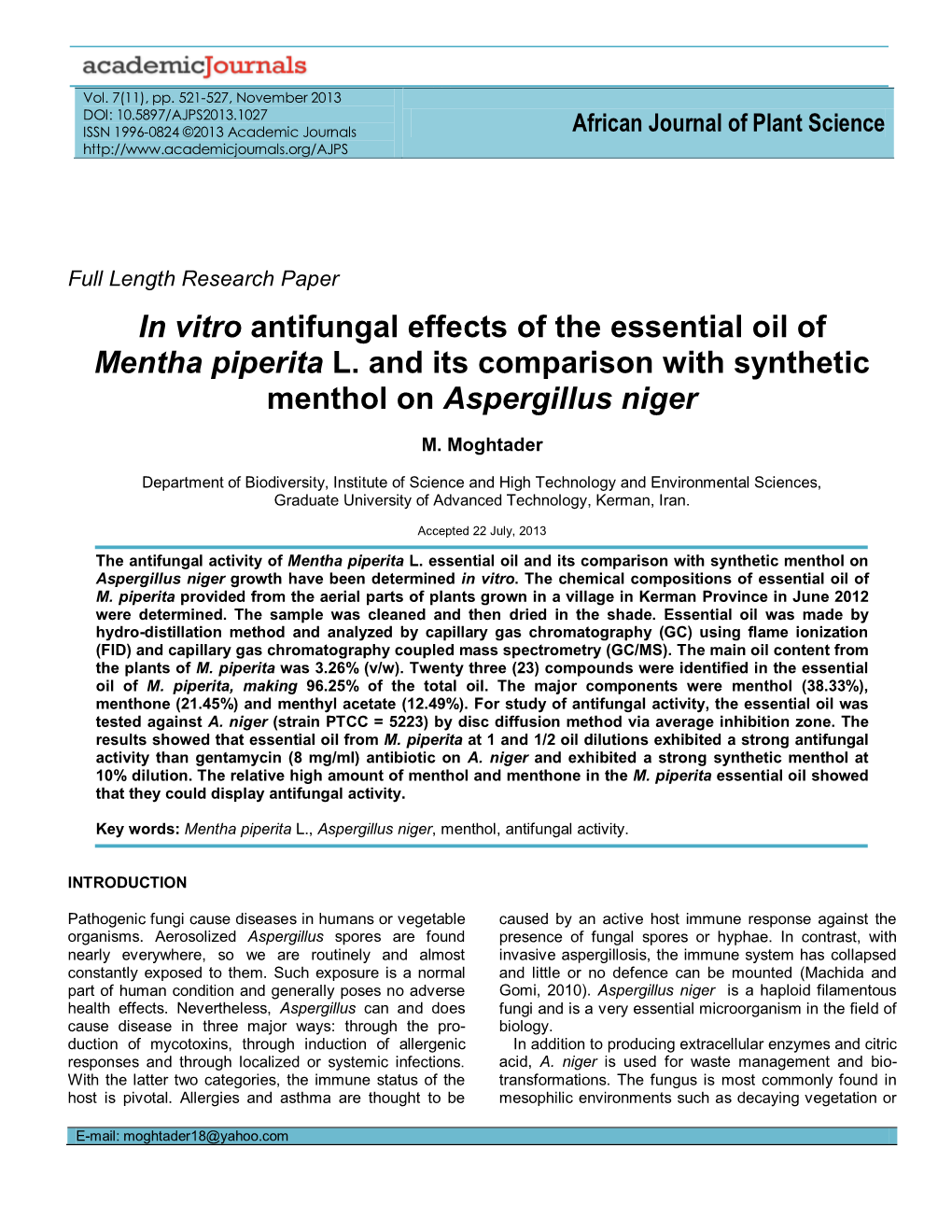 In Vitro Antifungal Effects of the Essential Oil of Mentha Piperita L