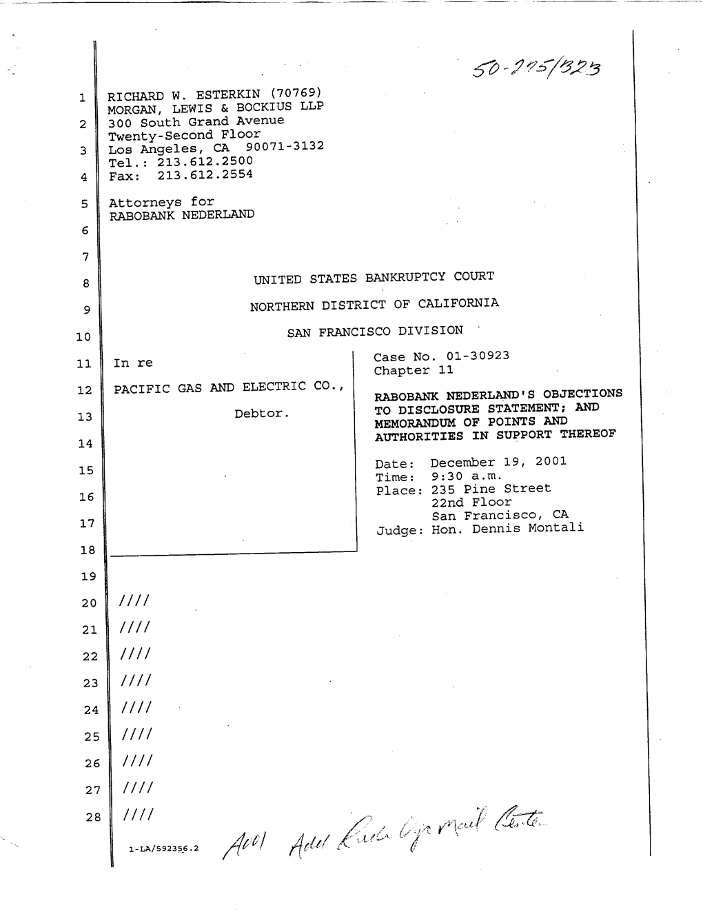 Rabobank Nederland's Objections to Disclosure Statement; and Memorandum of Points and 13 Authorities in Support Thereof