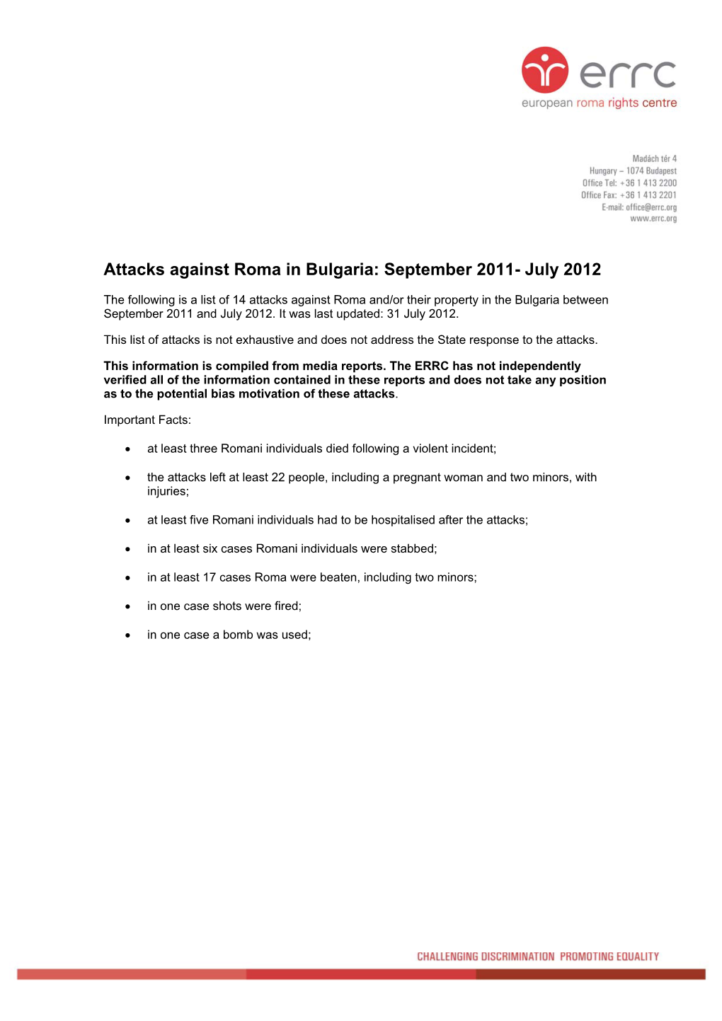 Attacks Against Roma in Bulgaria: September 2011- July 2012