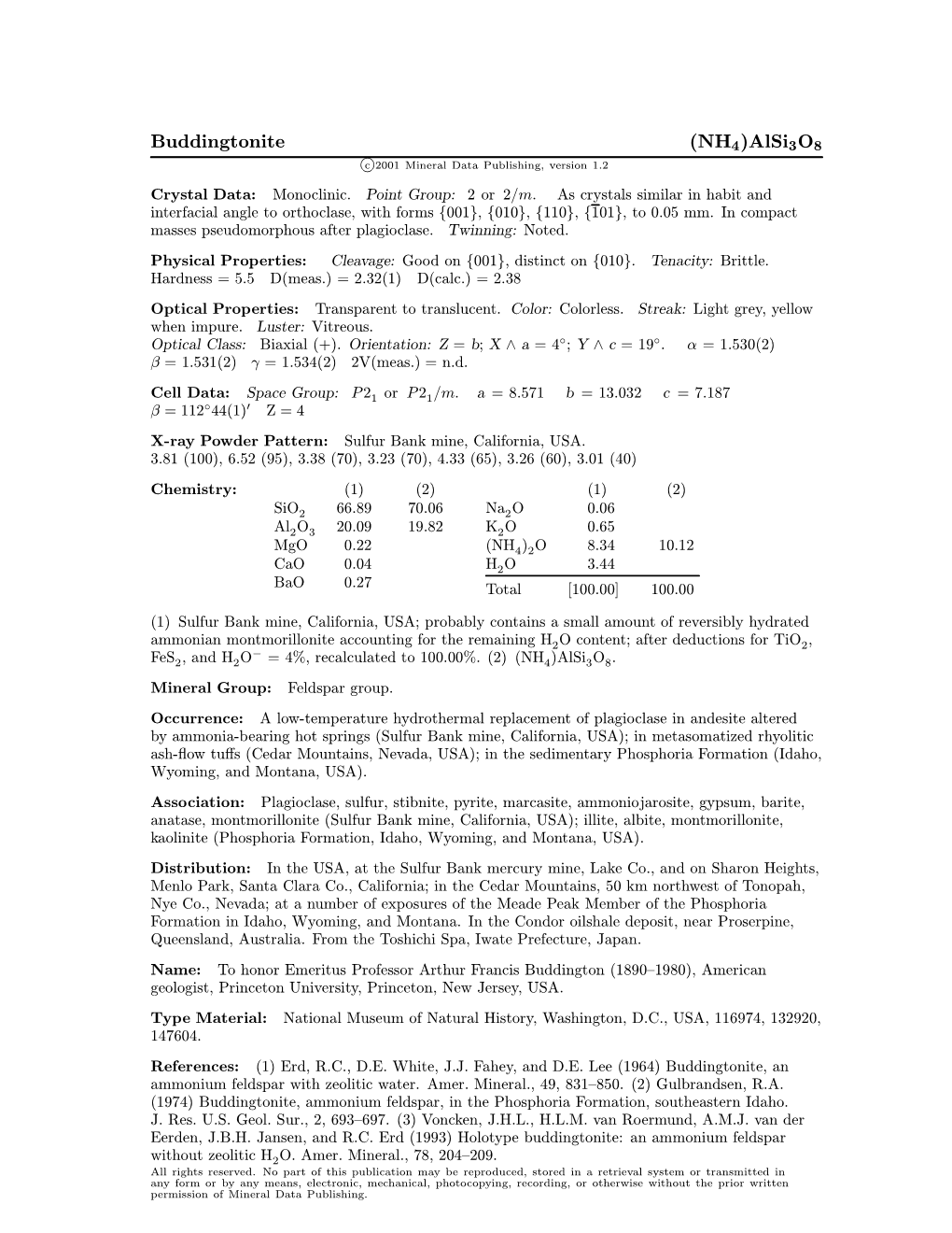 Buddingtonite (NH4)Alsi3o8 C 2001 Mineral Data Publishing, Version 1.2 ° Crystal Data: Monoclinic