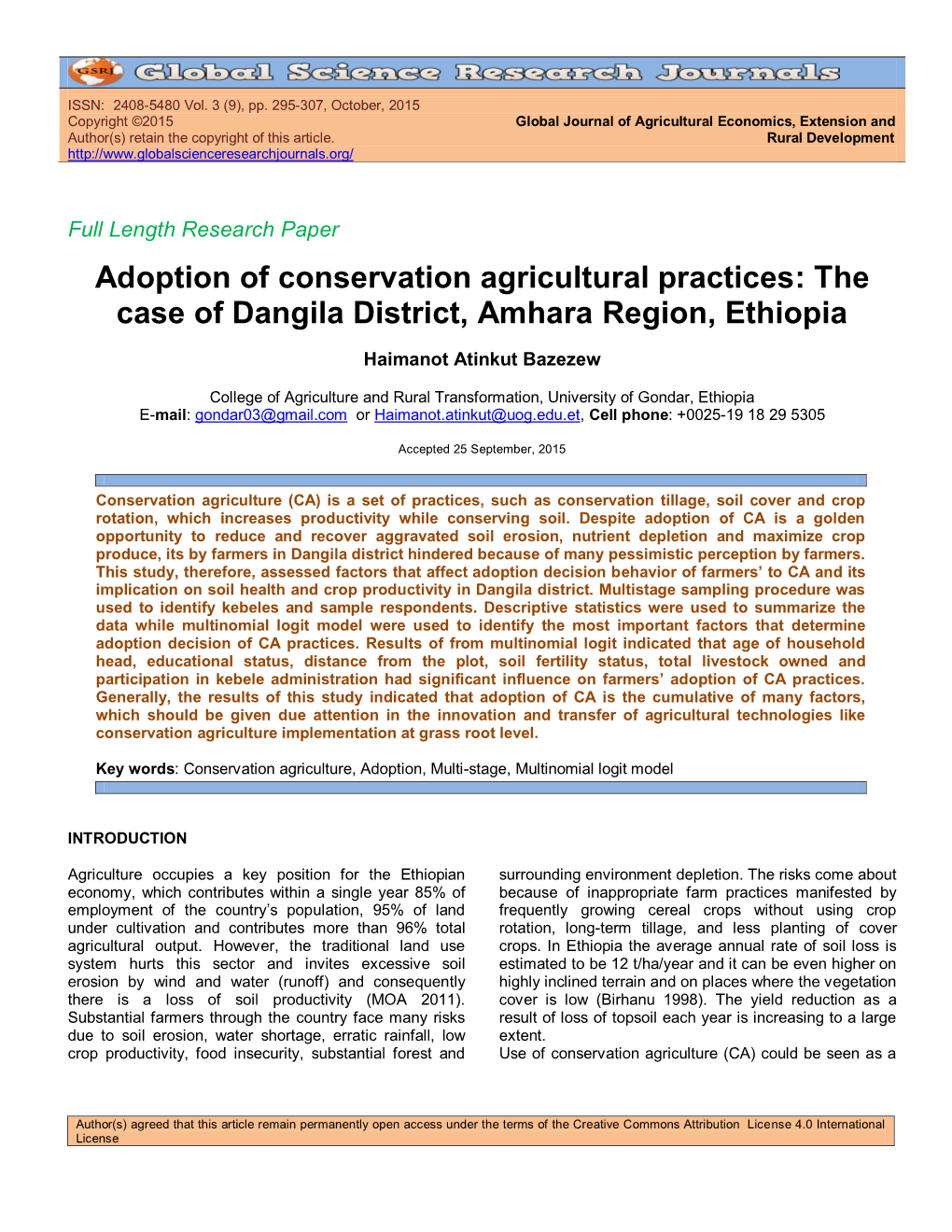 Adoption of Conservation Agricultural Practices: the Case of Dangila District, Amhara Region, Ethiopia