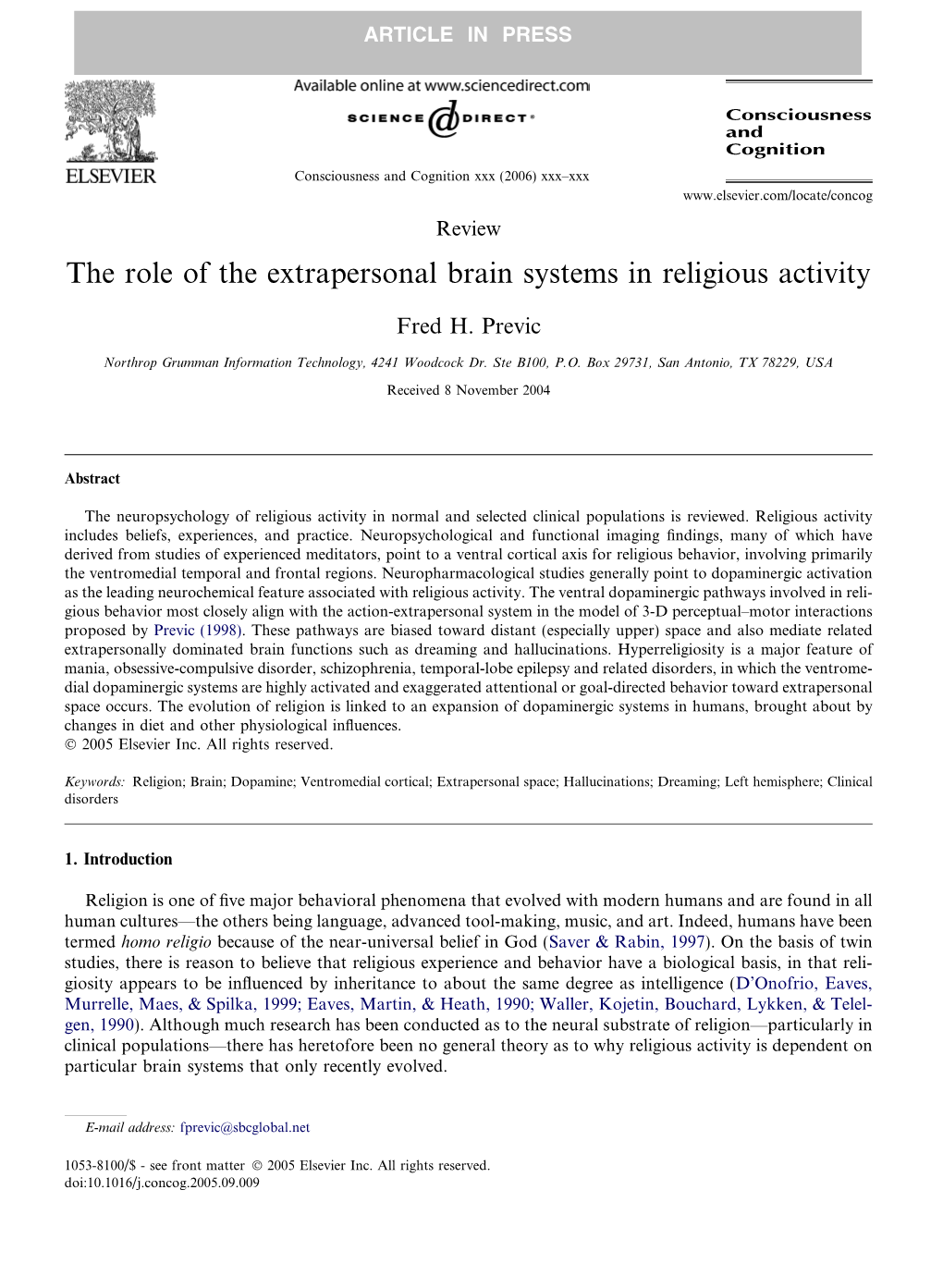 The Role of the Extrapersonal Brain Systems in Religious Activity