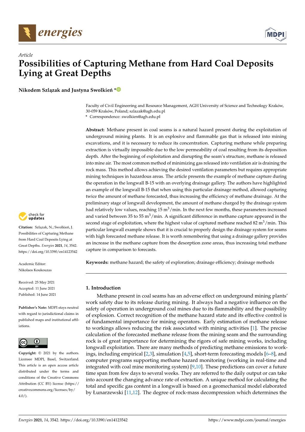 Possibilities of Capturing Methane from Hard Coal Deposits Lying at Great Depths