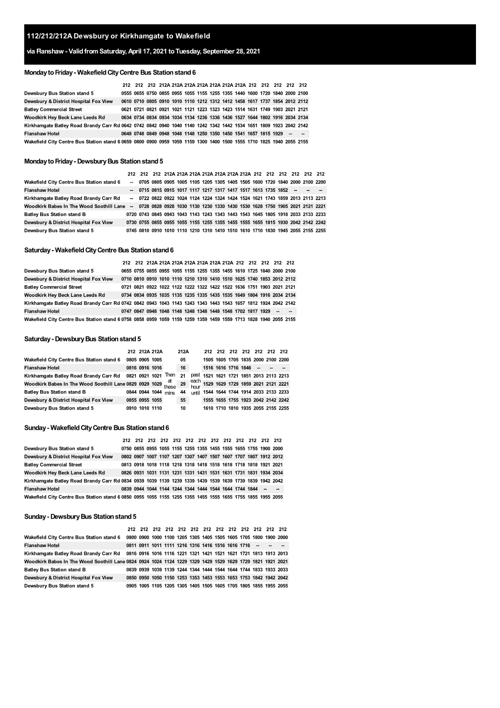 112/212/212A Dewsbury Or Kirkhamgate to Wakefield Via Flanshaw - Valid from Saturday, April 17, 2021 to Tuesday, September 28, 2021