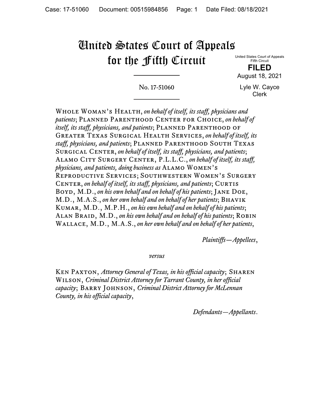 United States Court of Appeals for the Fifth Circuit Fifth Circuit FILED August 18, 2021