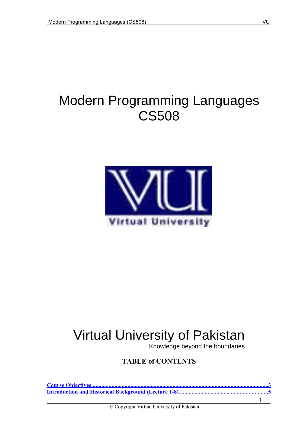 Modern Programming Languages (CS508) VU