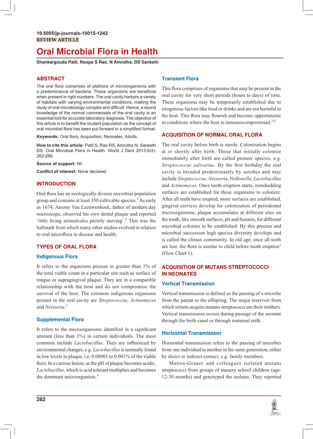 Oral Microbial Flora in Health Shankargouda Patil, Roopa S Rao, N Amrutha, DS Sanketh