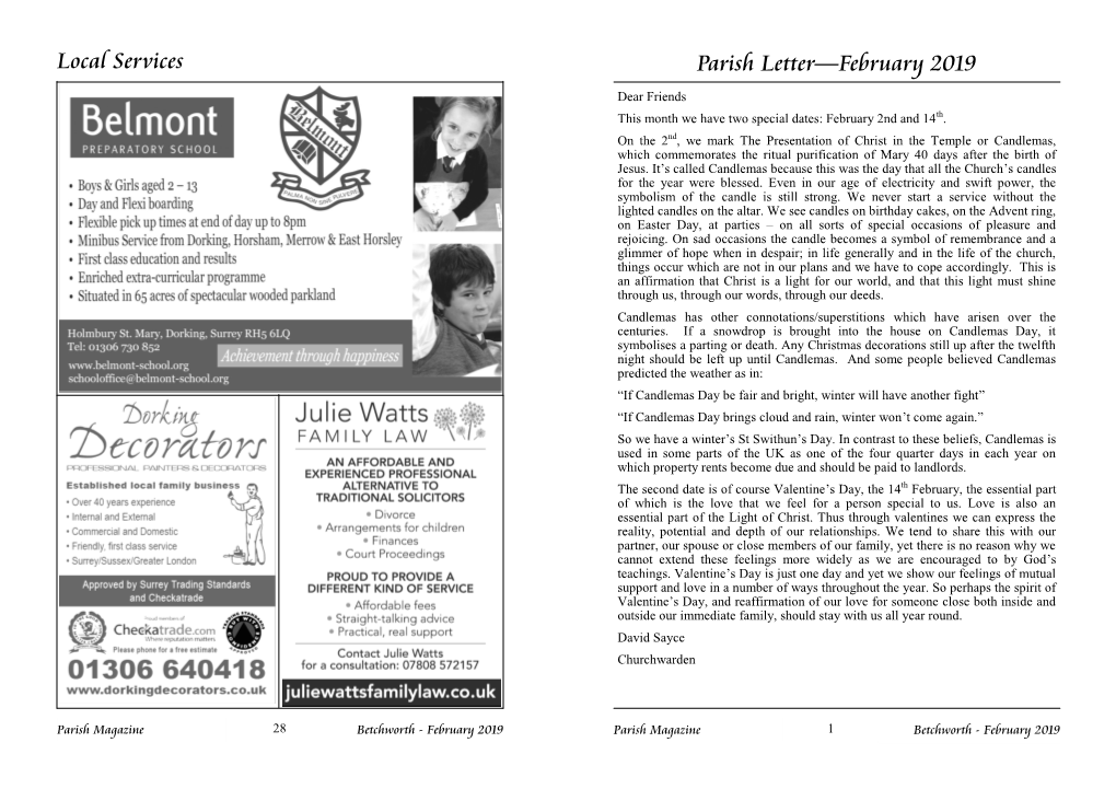 Local Services Parish Letter—February 2019 Dear Friends This Month We Have Two Special Dates: February 2Nd and 14Th