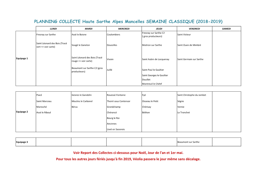 PLANNING COLLECTE Haute Sarthe Alpes Mancelles SEMAINE CLASSIQUE (2018-2019)